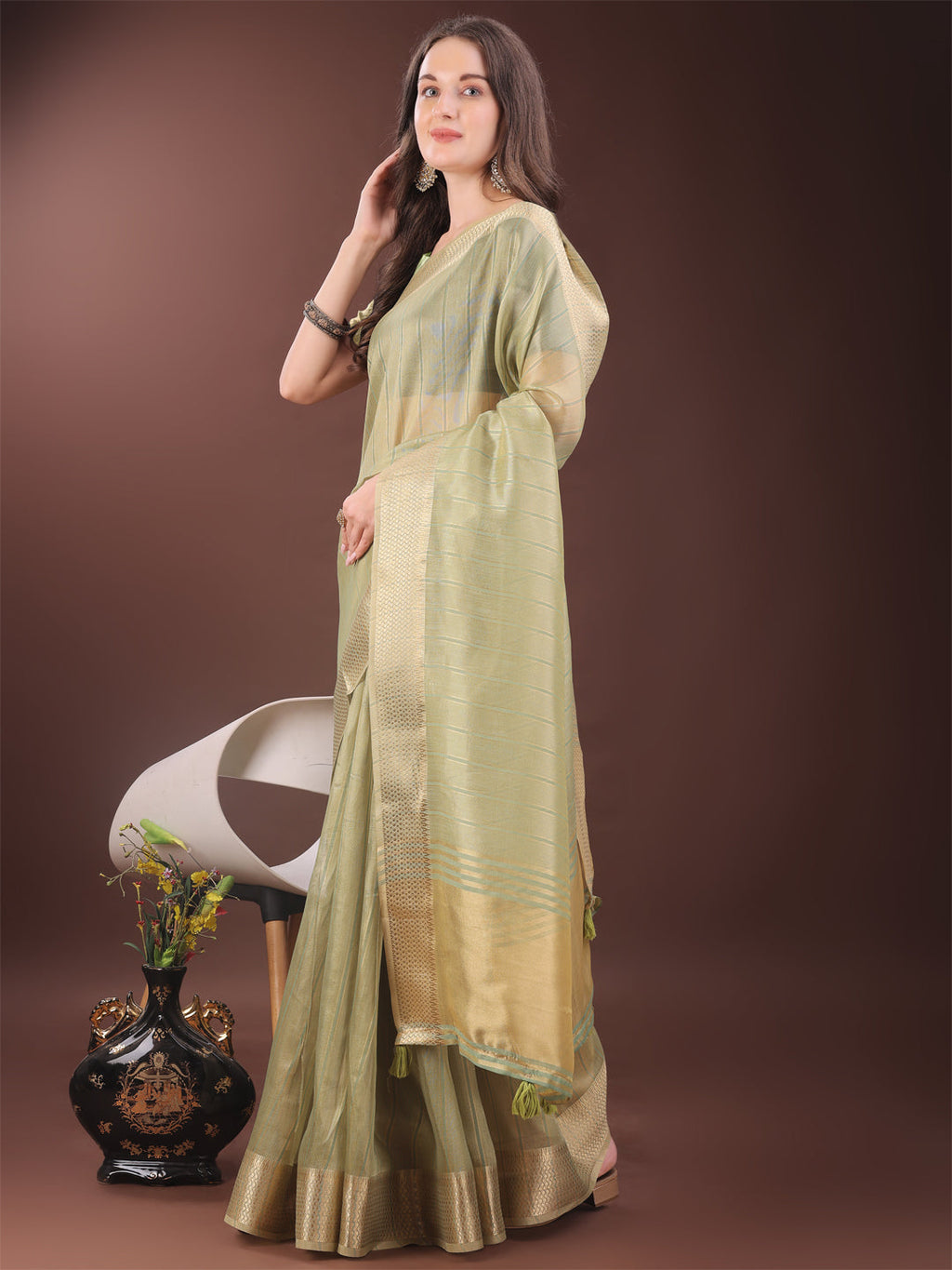 Gold Mint Green Organza Saree with Zari Border and Blouse