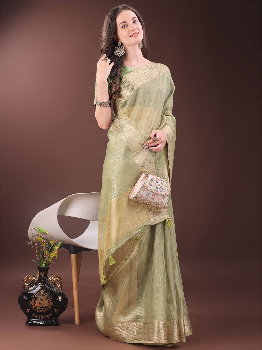 Gold Mint Green Organza Saree with Zari Border and Blouse