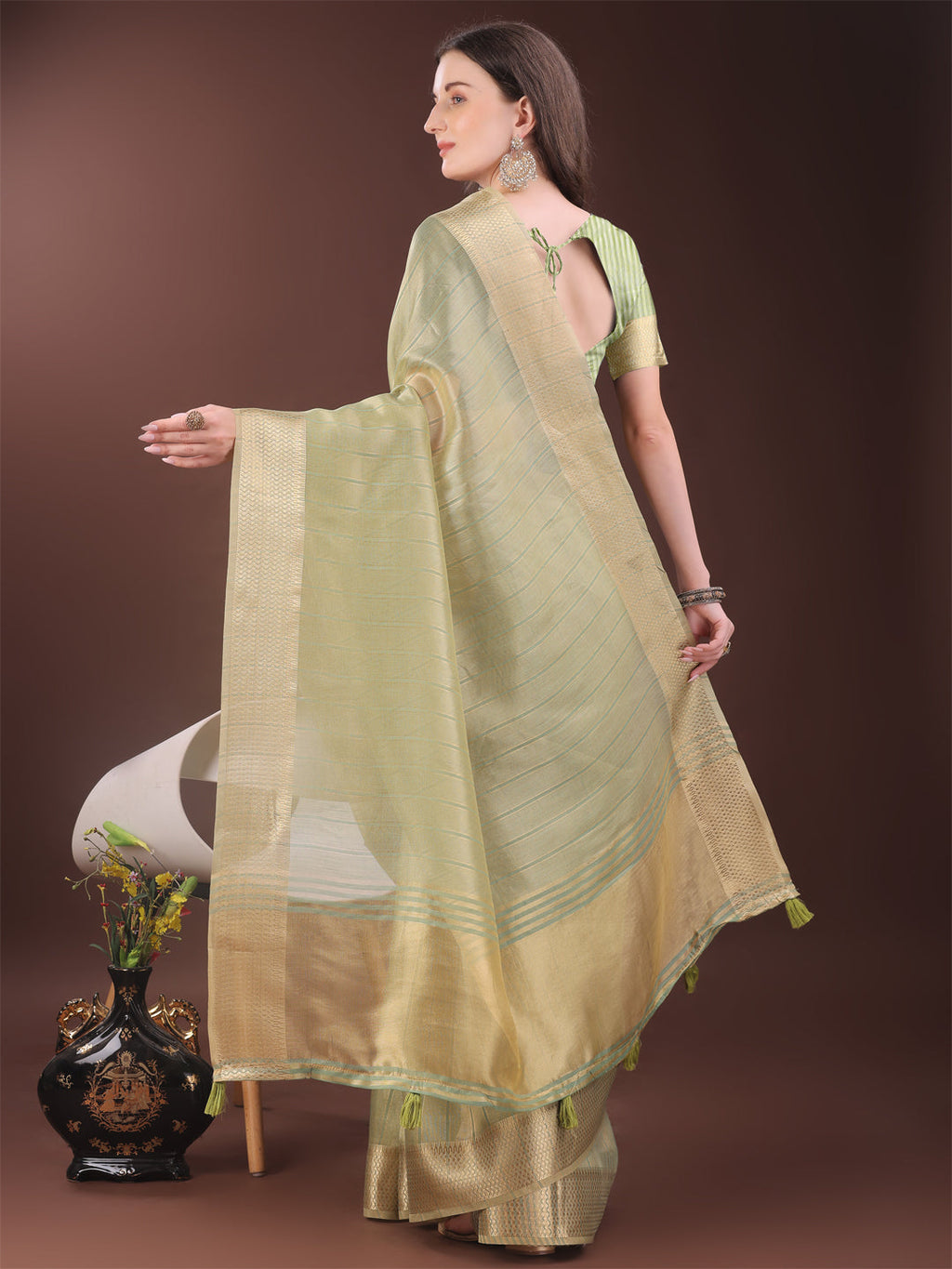 Gold Mint Green Organza Saree with Zari Border and Blouse