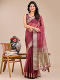 Magenta organza saree featuring detailed woven gold zari work and traditional tassels