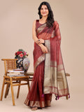 Maroon Organza saree with detailed gold zari work and decorative tassels