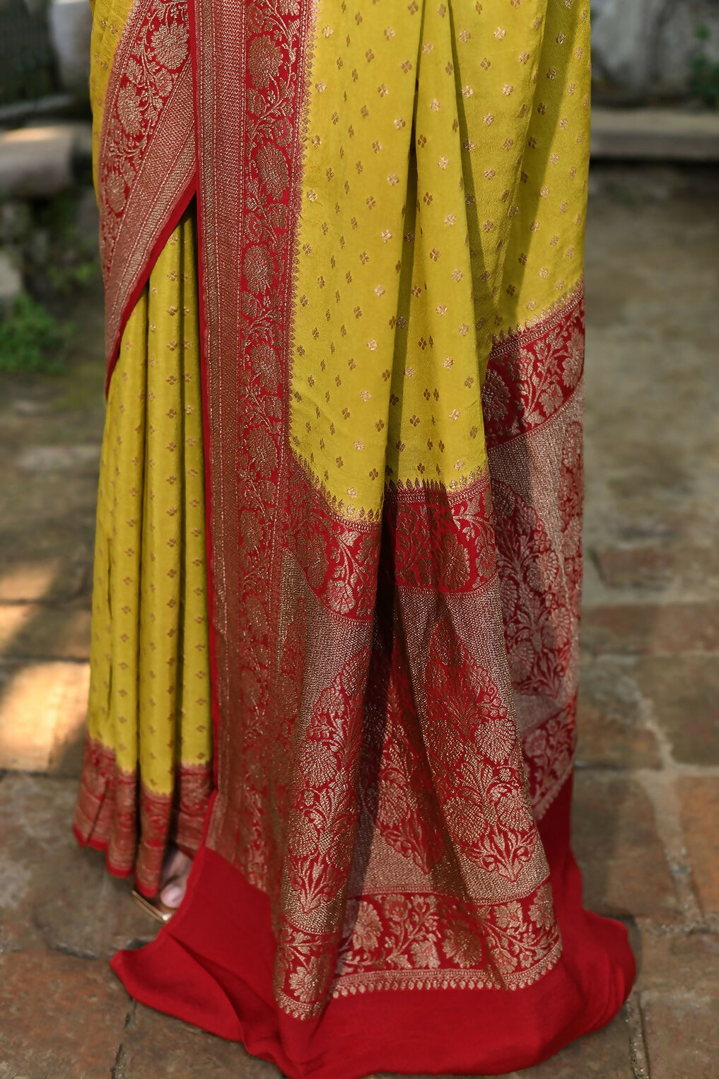 Yellow Crepe Chiffon Handloom Banarasi Silk Saree