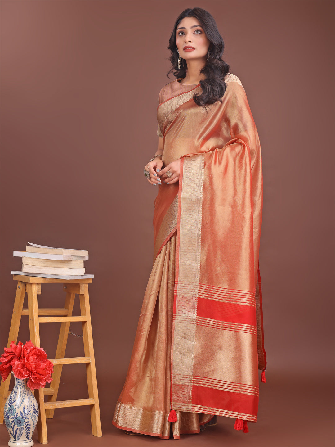 Orange & Red Organza Saree with Zari Border and Tassels