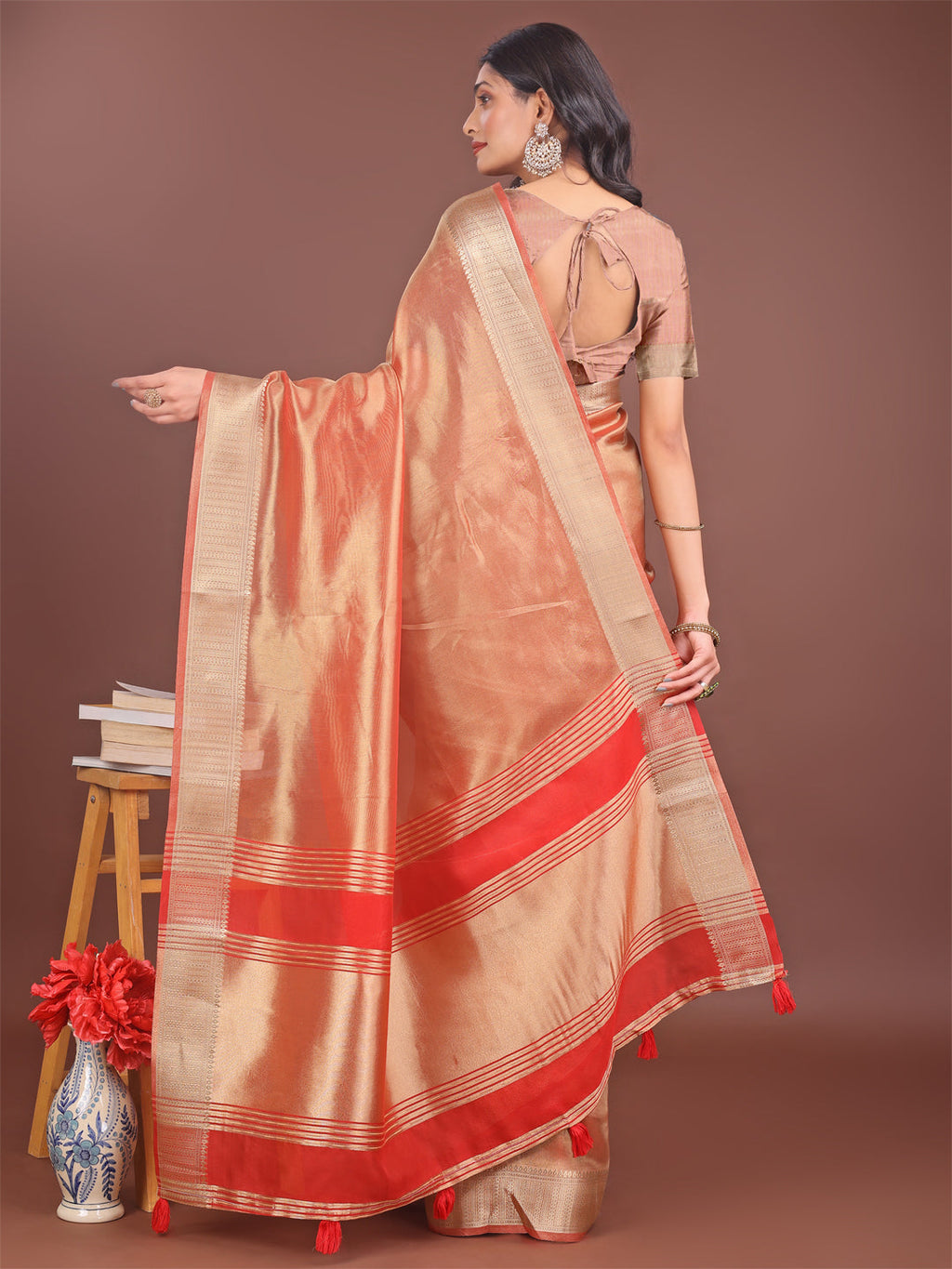 Orange & Red Organza Saree with Zari Border and Tassels