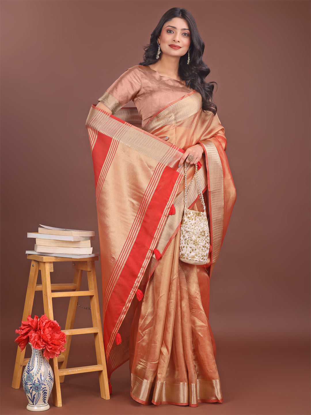 Orange & Red Organza Saree with Zari Border and Tassels