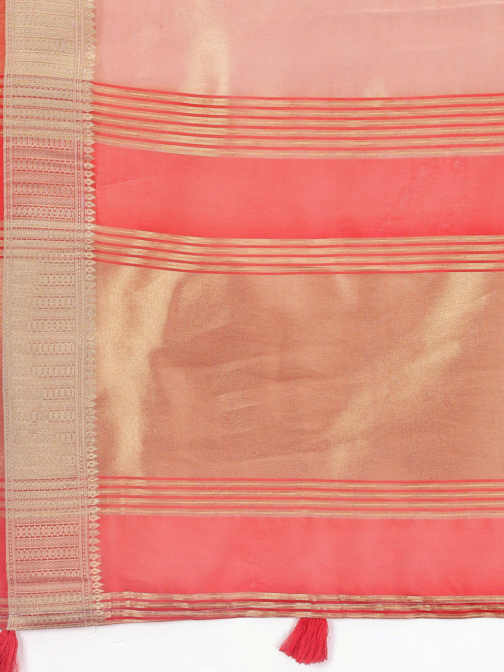 Orange & Red Organza Saree with Zari Border and Tassels