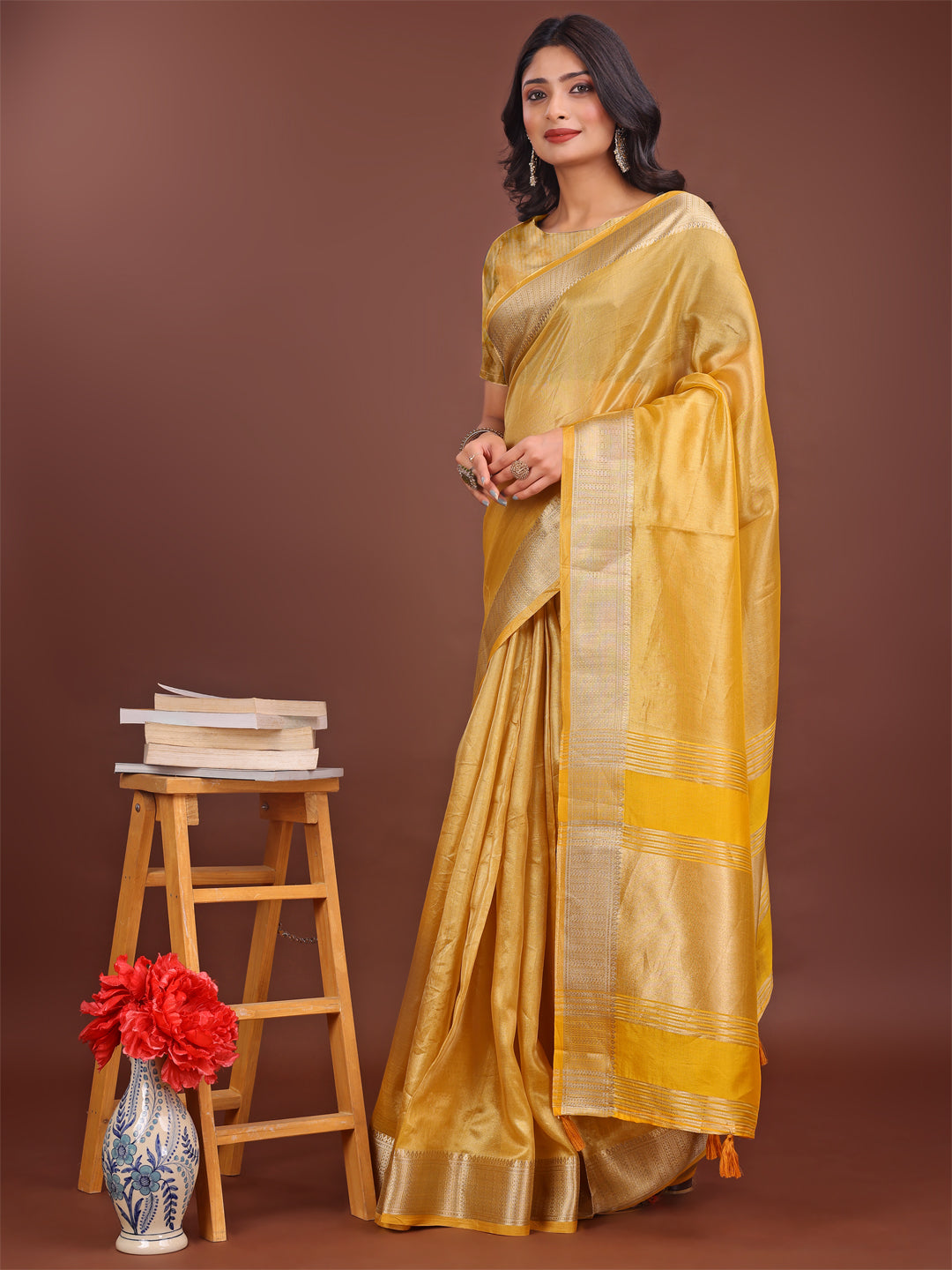 Yellow & Yellow Organza Saree with Zari Border and Tassels