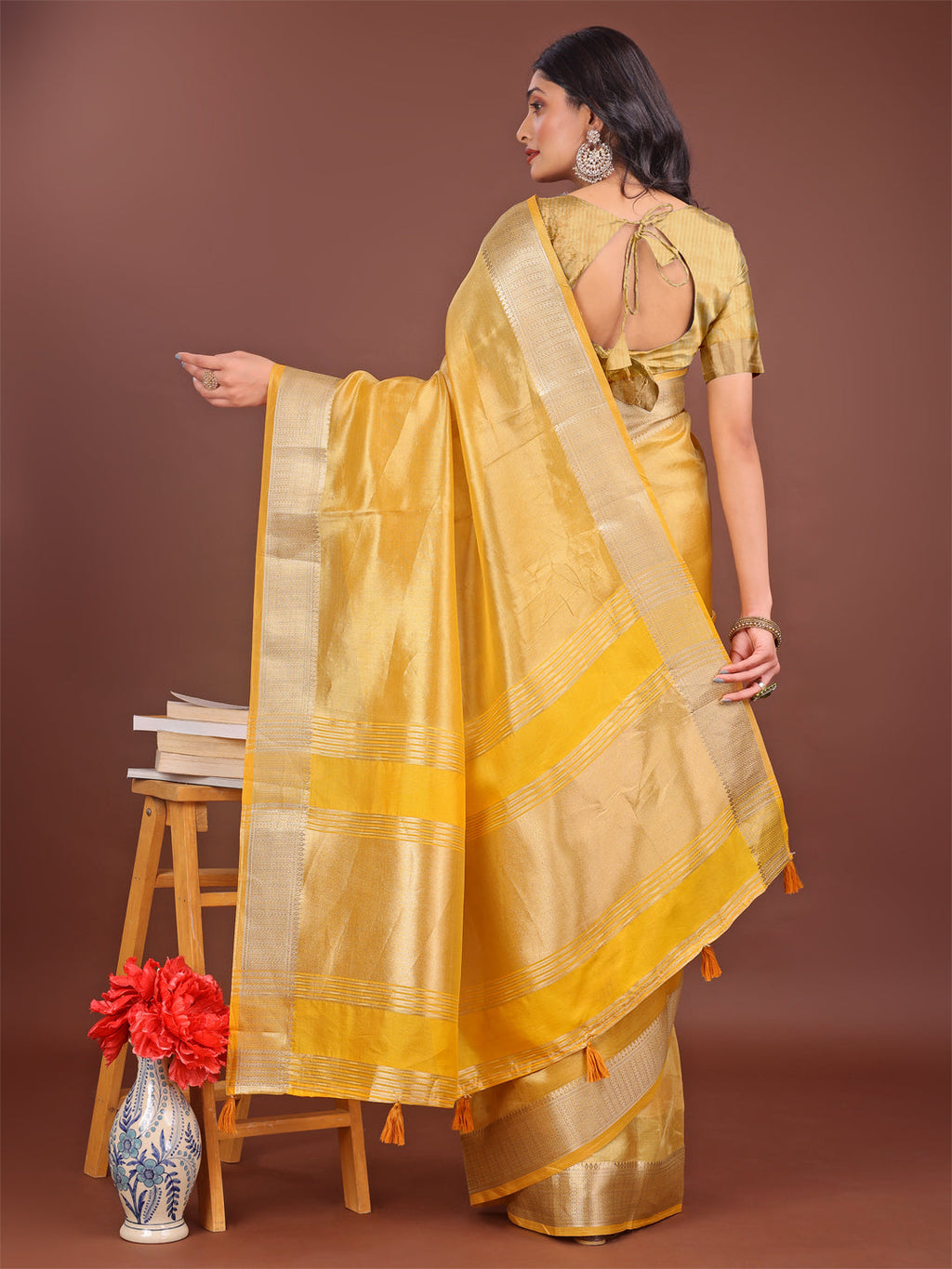 Yellow & Yellow Organza Saree with Zari Border and Tassels