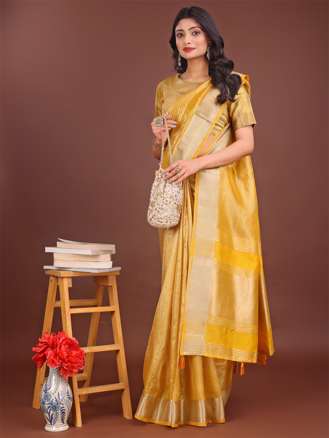Yellow & Yellow Organza Saree with Zari Border and Tassels
