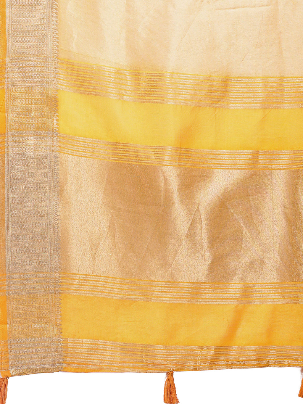 Yellow & Yellow Organza Saree with Zari Border and Tassels