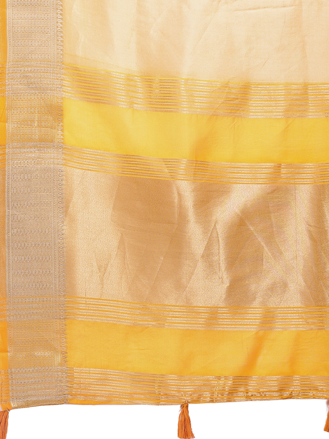 Yellow & Yellow Organza Saree with Zari Border and Tassels