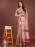 Light pink and magenta organza saree with elegant golden zari work