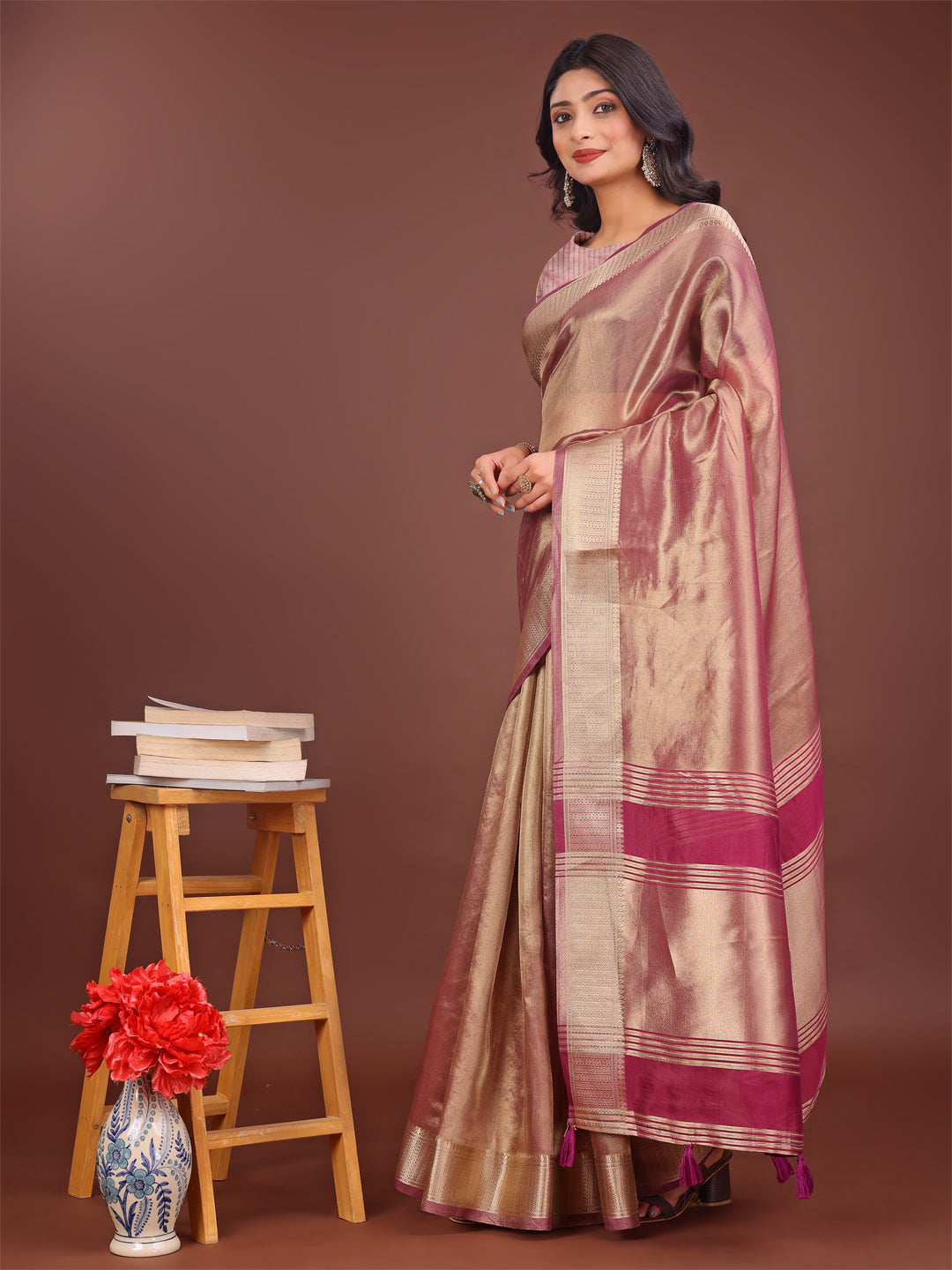Light Pink & Magenta Organza Saree with Zari Border & Tassels