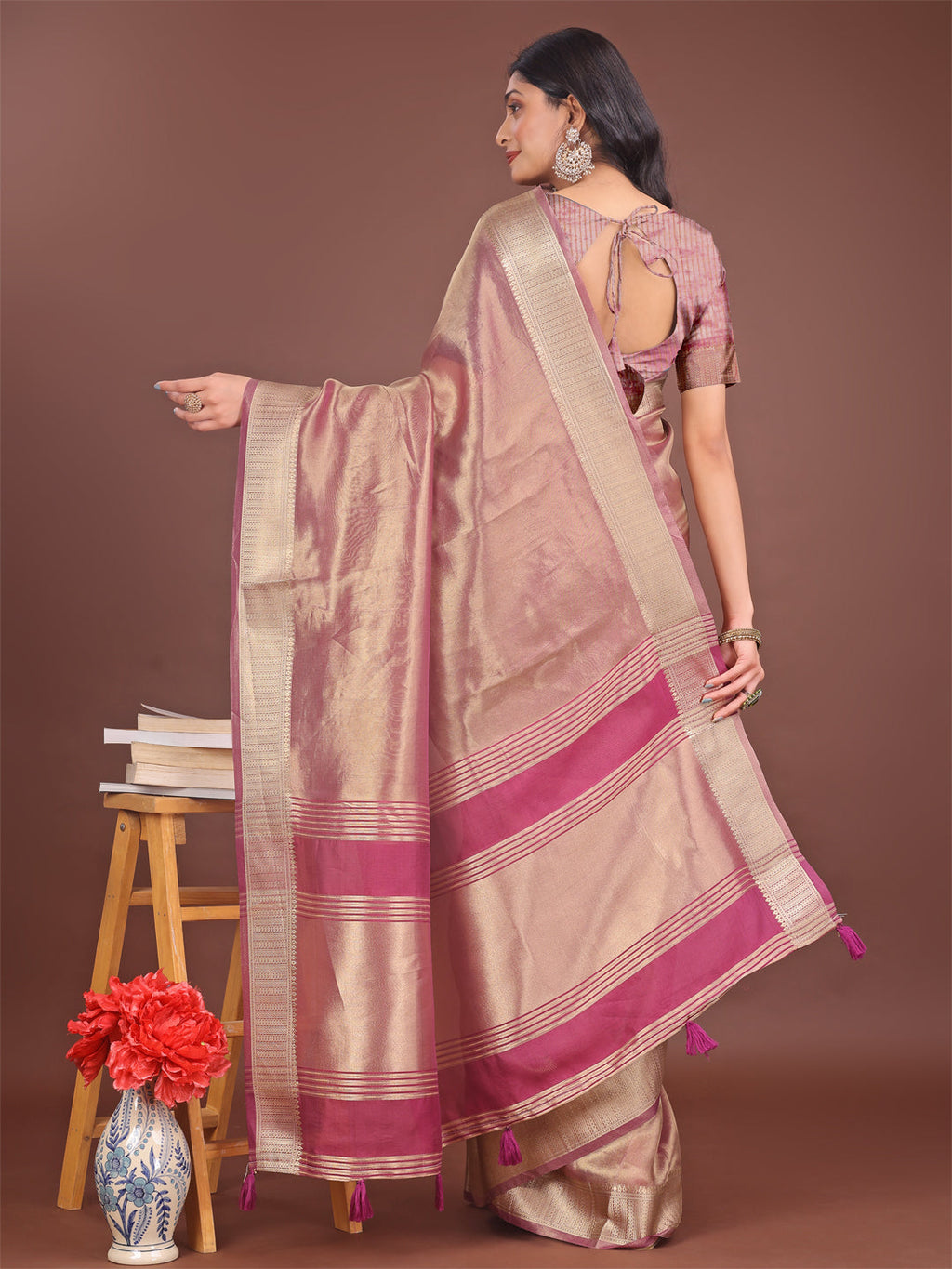 Light Pink & Magenta Organza Saree with Zari Border & Tassels