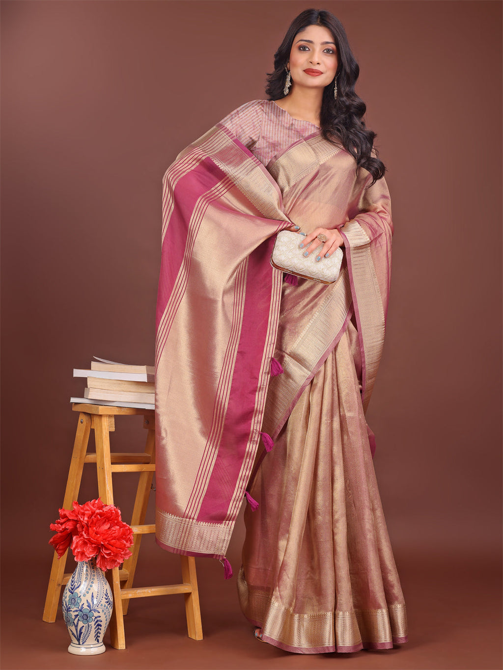 Light Pink & Magenta Organza Saree with Zari Border & Tassels