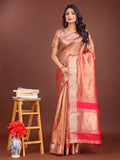 Orange and Pink Organza Saree with Zari Border and Tassels