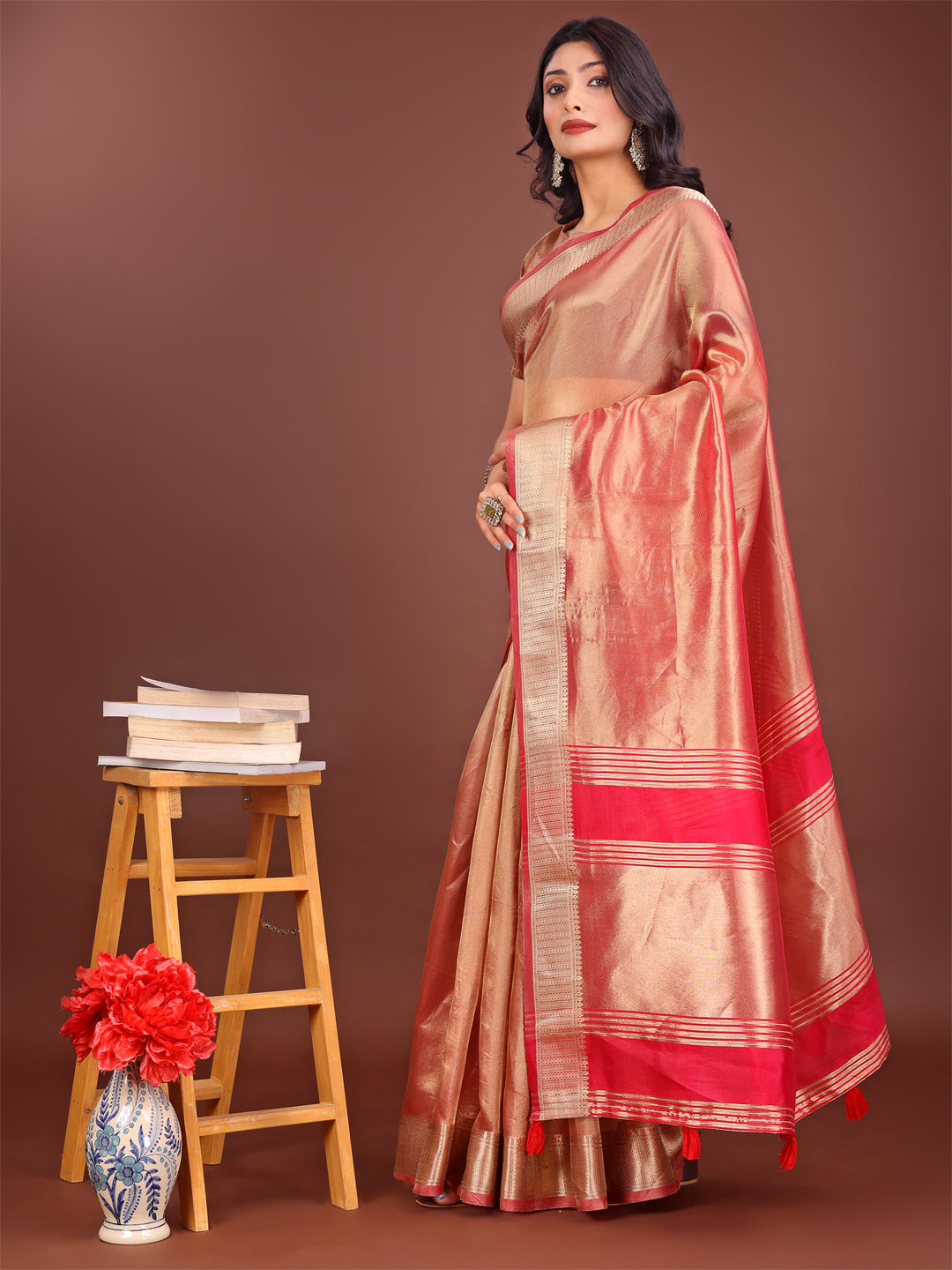 Orange and Pink Organza Saree with Zari Border and Tassels