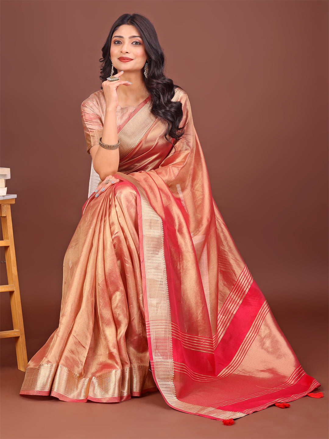 Orange and Pink Organza Saree with Zari Border and Tassels