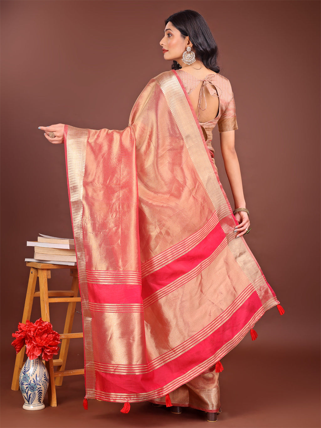 Orange and Pink Organza Saree with Zari Border and Tassels
