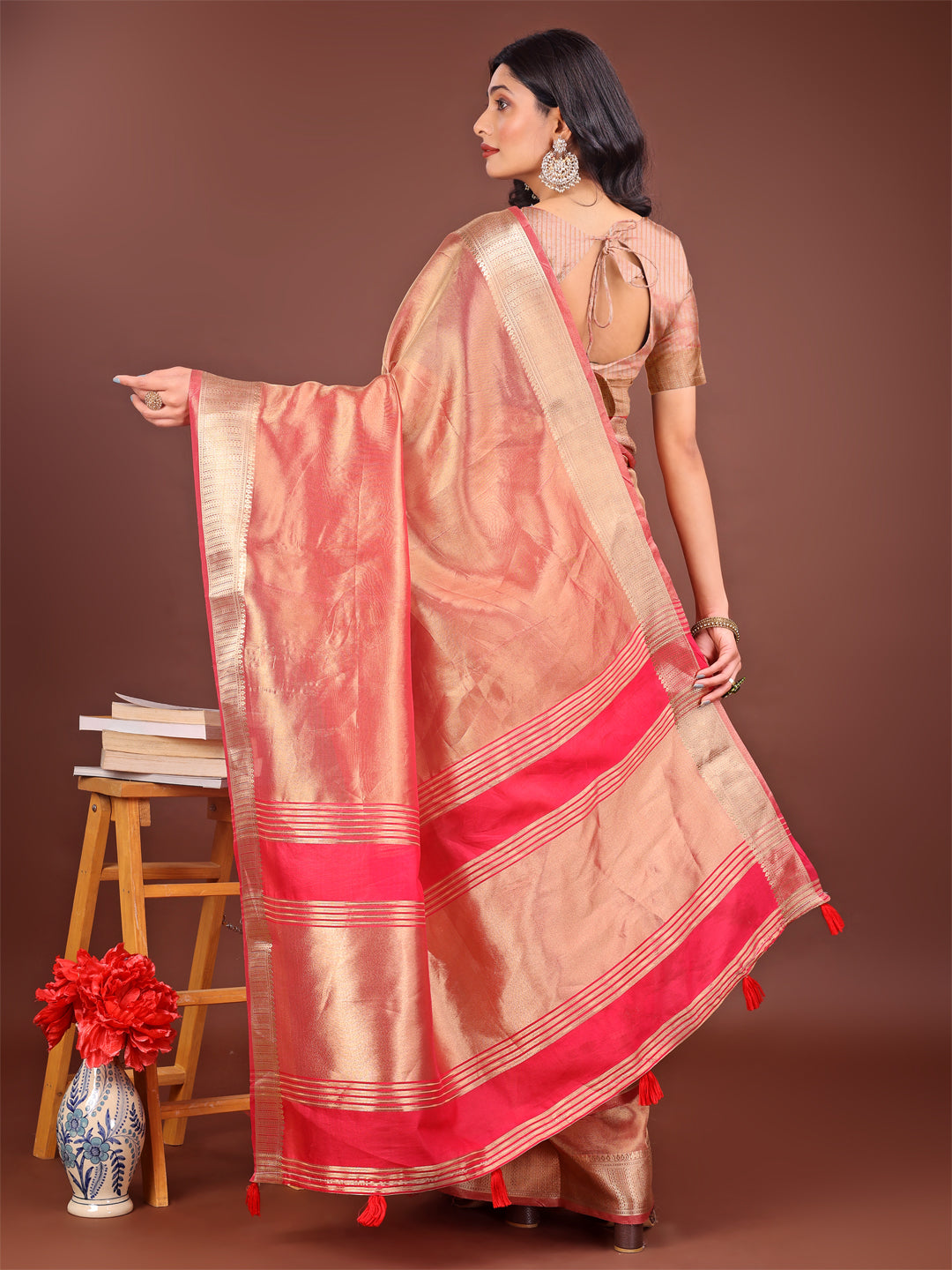 Orange and Pink Organza Saree with Zari Border and Tassels