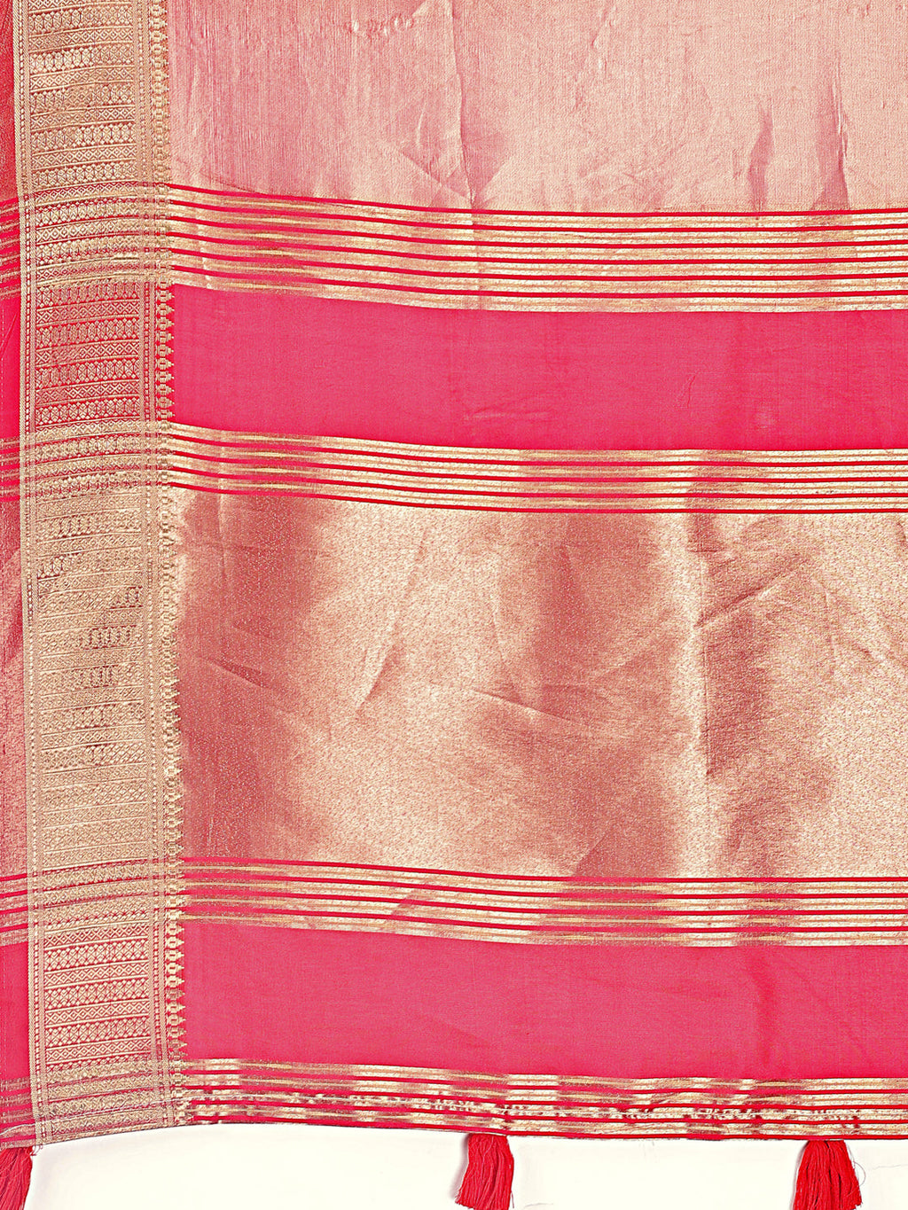 Orange and Pink Organza Saree with Zari Border and Tassels