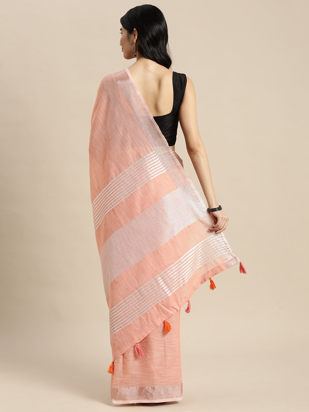 Peach Linen Saree with Contrast Zari Border and Tassels