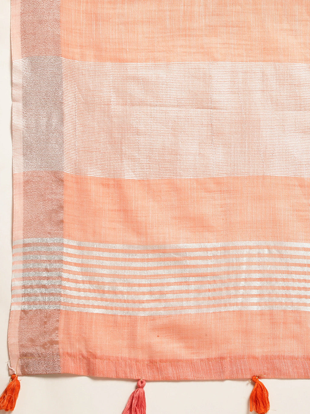 Peach Linen Saree with Contrast Zari Border and Tassels