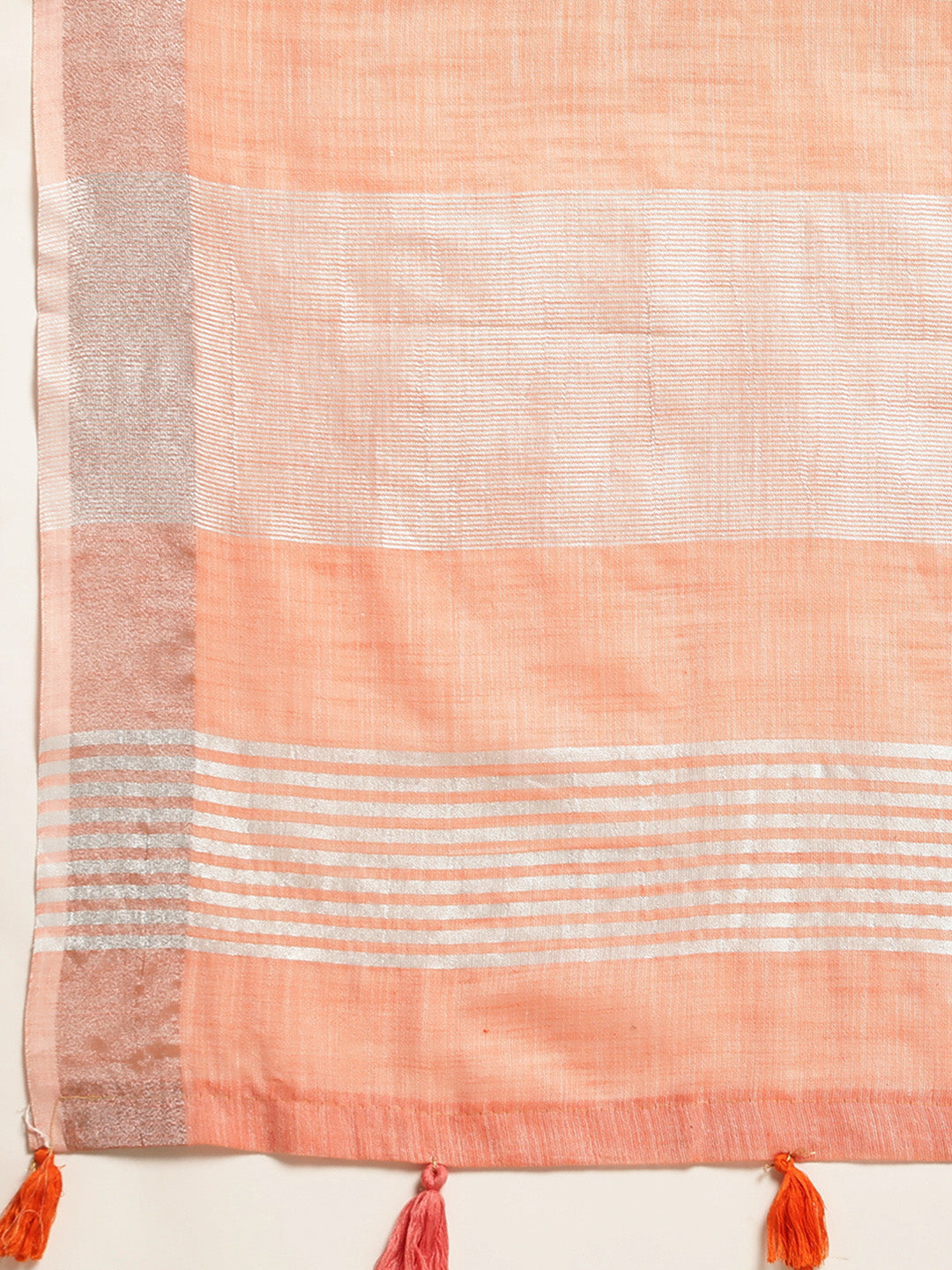 Peach Linen Saree with Contrast Zari Border and Tassels