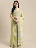 A Mehndi colored woven linen saree with a contrast gold zari border and decorative tassels.