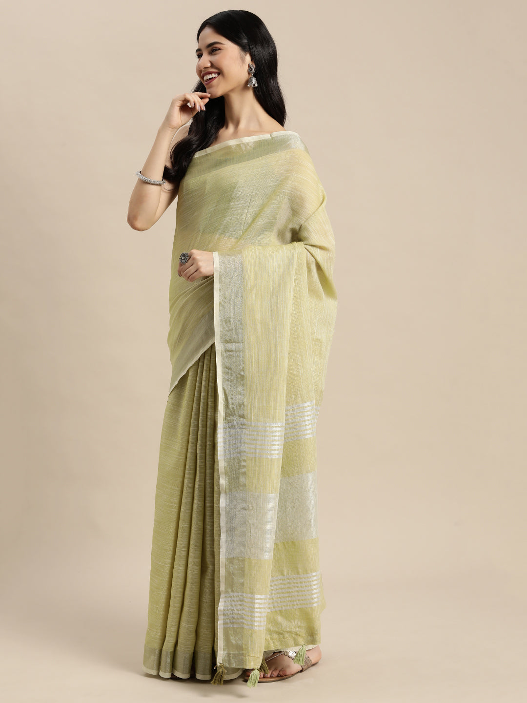 Mehndi Woven Linen Saree with Contrast Zari Border and Tassels