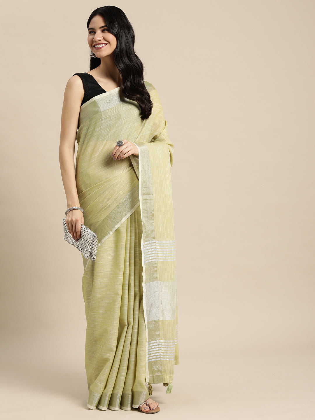 Mehndi Woven Linen Saree with Contrast Zari Border and Tassels