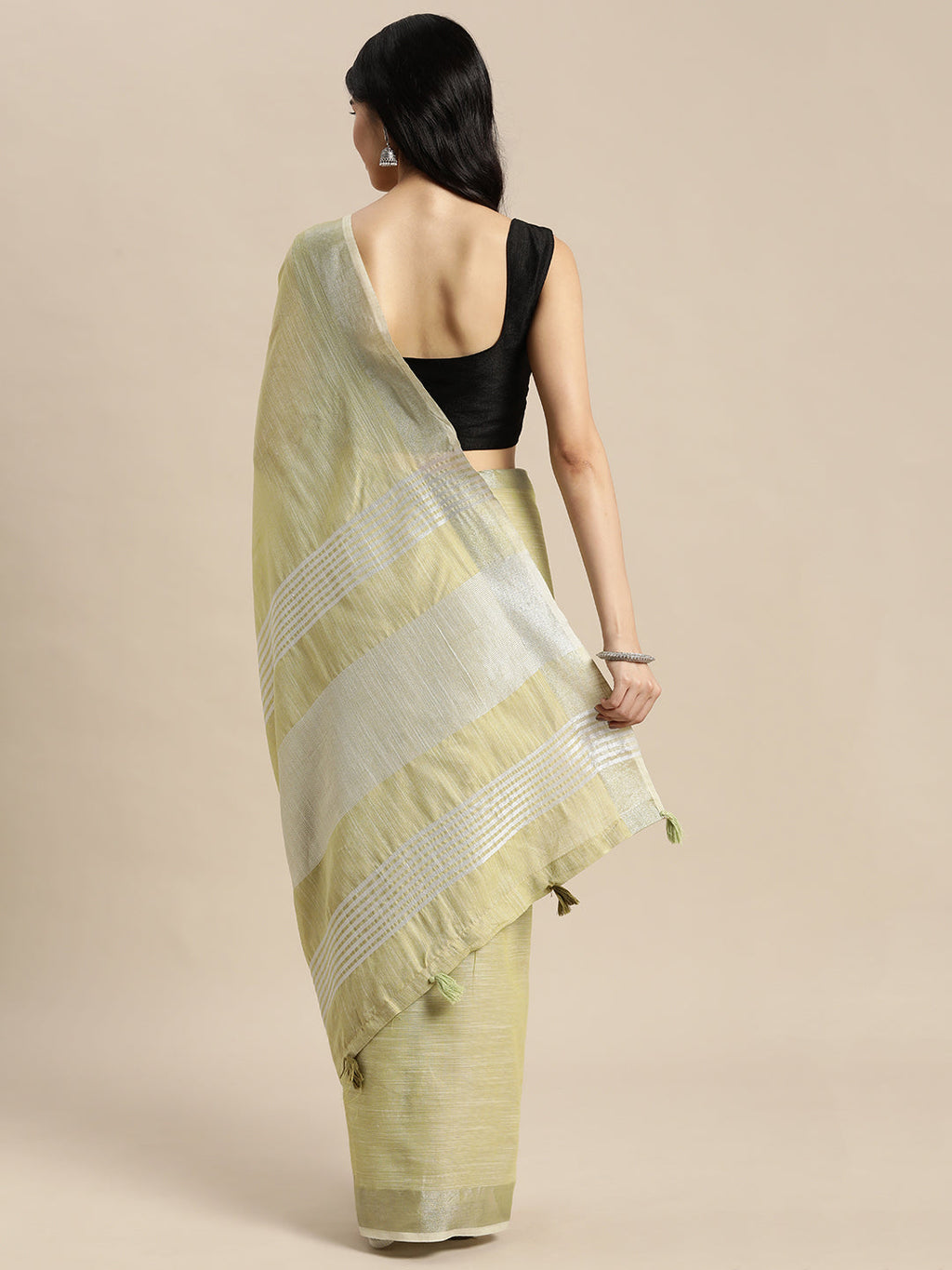 Mehndi Woven Linen Saree with Contrast Zari Border and Tassels