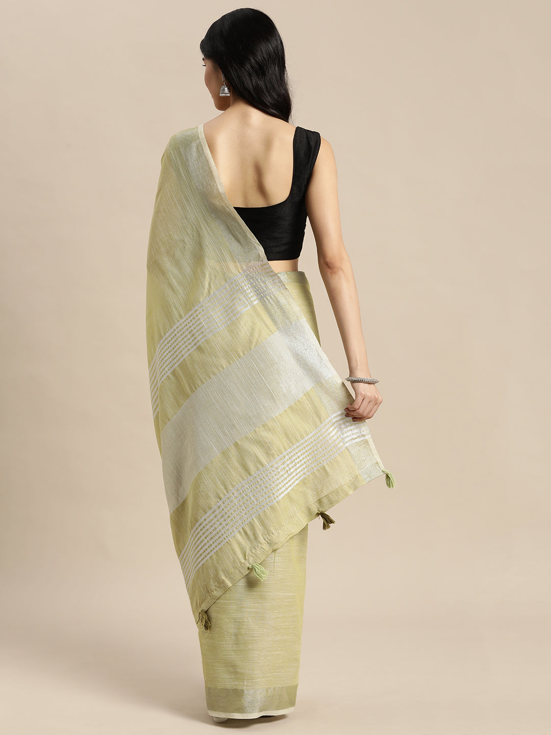 Mehndi Woven Linen Saree with Contrast Zari Border and Tassels