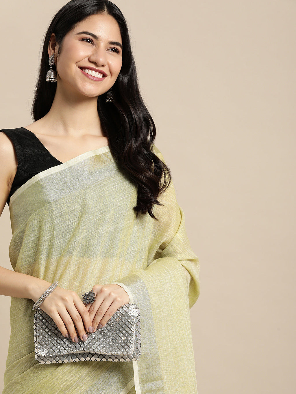 Mehndi Woven Linen Saree with Contrast Zari Border and Tassels