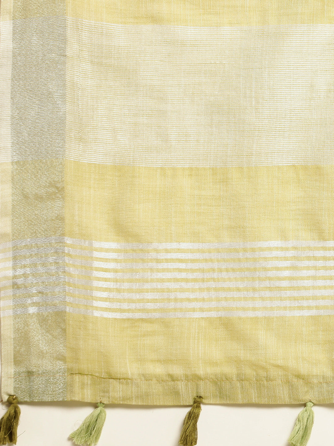 Mehndi Woven Linen Saree with Contrast Zari Border and Tassels