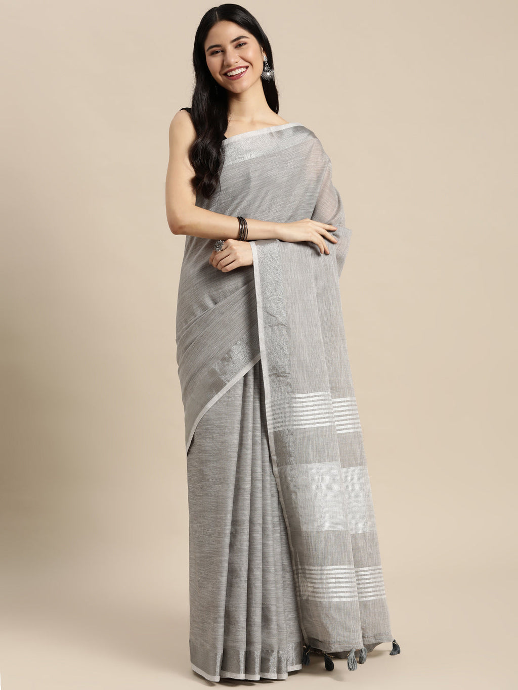Shree Shyam Fashion Elegant Grey Woven Linen Saree with Contrast Zari Border & Tassels - Soft & Breathable Party Wear