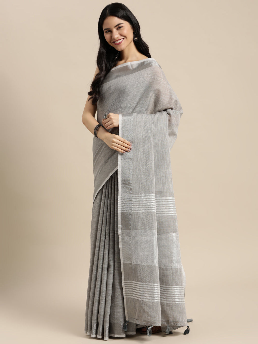 Shree Shyam Fashion Elegant Grey Woven Linen Saree with Contrast Zari Border & Tassels - Soft & Breathable Party Wear