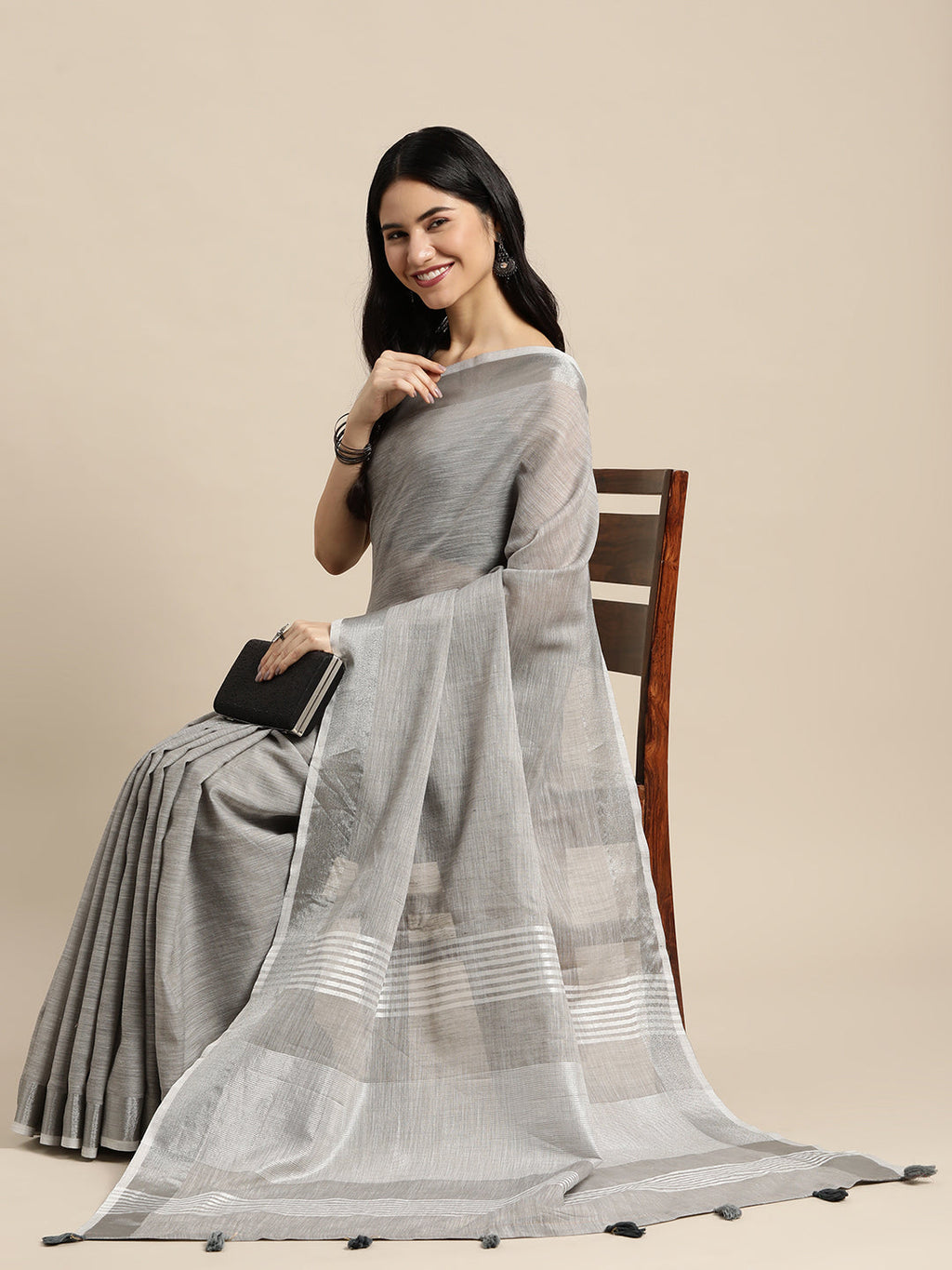 Shree Shyam Fashion Elegant Grey Woven Linen Saree with Contrast Zari Border & Tassels - Soft & Breathable Party Wear