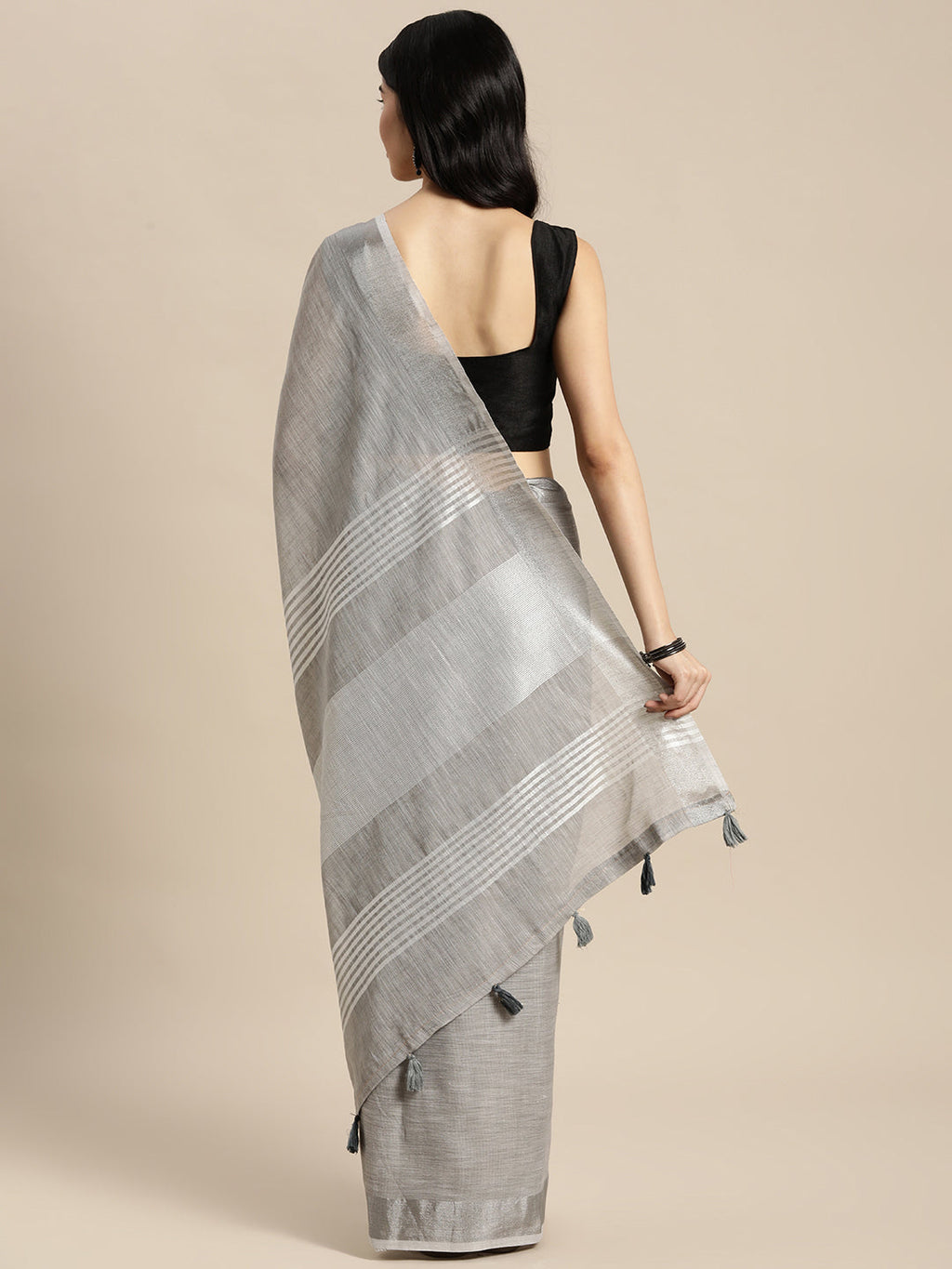 Shree Shyam Fashion Elegant Grey Woven Linen Saree with Contrast Zari Border & Tassels - Soft & Breathable Party Wear