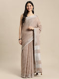 Brown woven linen saree with contrast zari border and pallu tassels