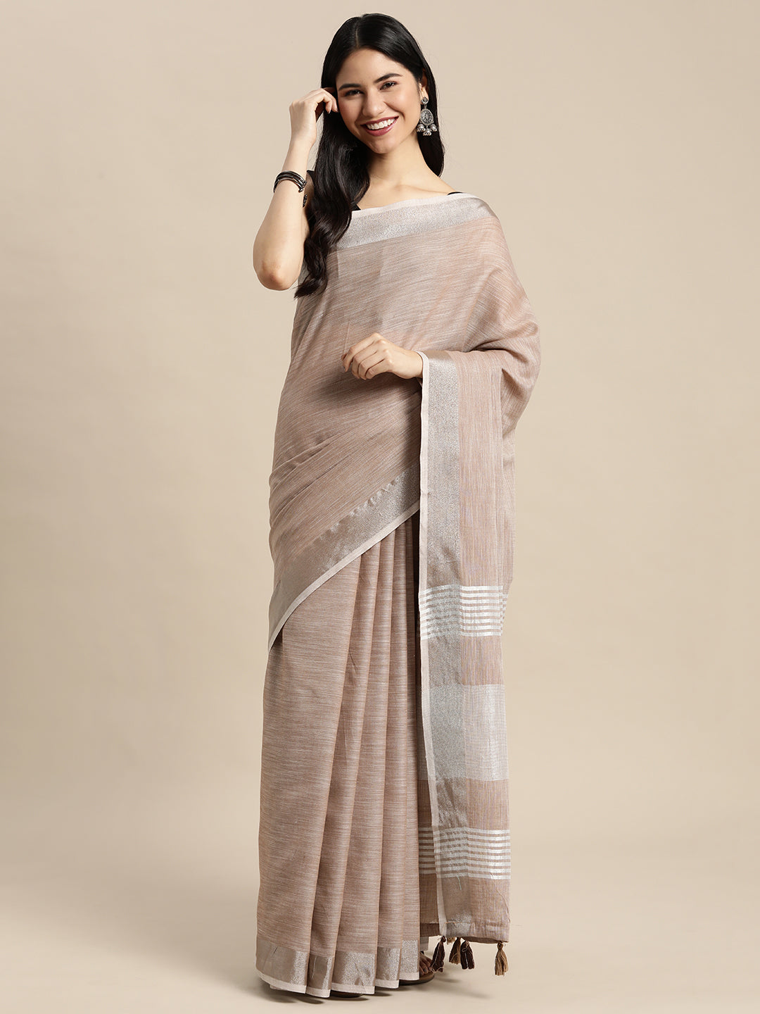 Brown Woven Linen Saree with Contrast Zari Border and Tassels