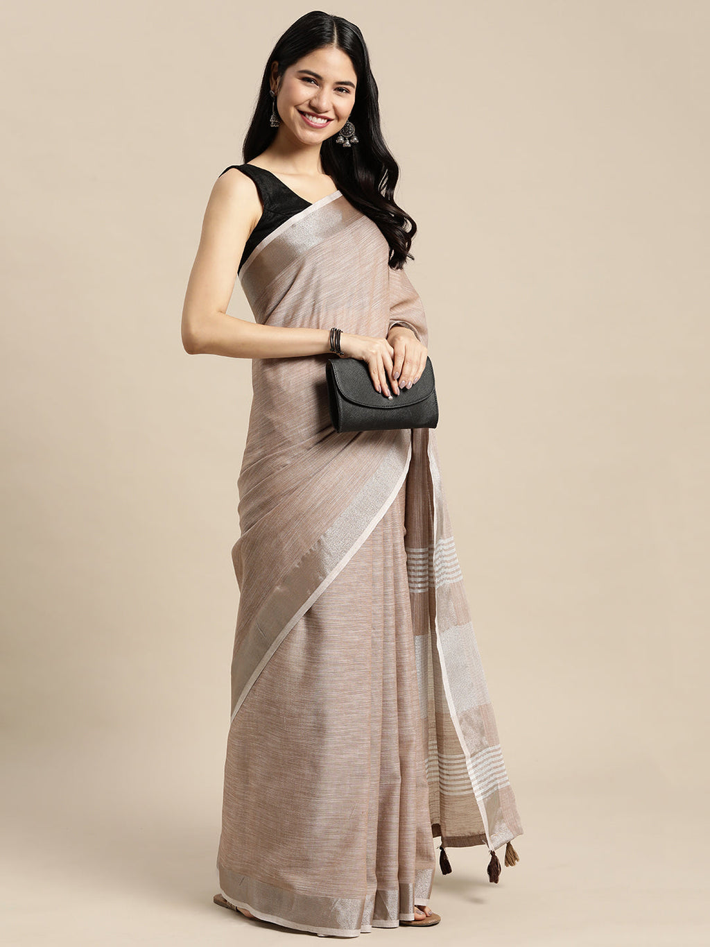 Brown Woven Linen Saree with Contrast Zari Border and Tassels