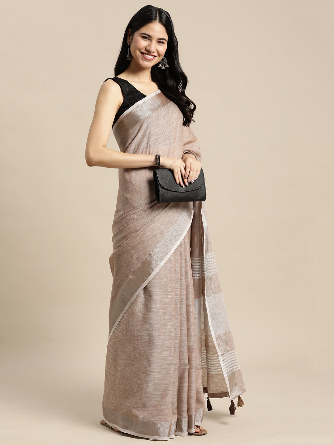 Brown Woven Linen Saree with Contrast Zari Border and Tassels