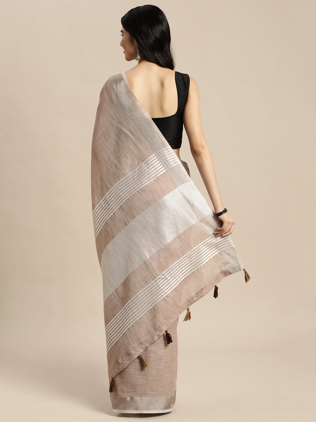 Brown Woven Linen Saree with Contrast Zari Border and Tassels