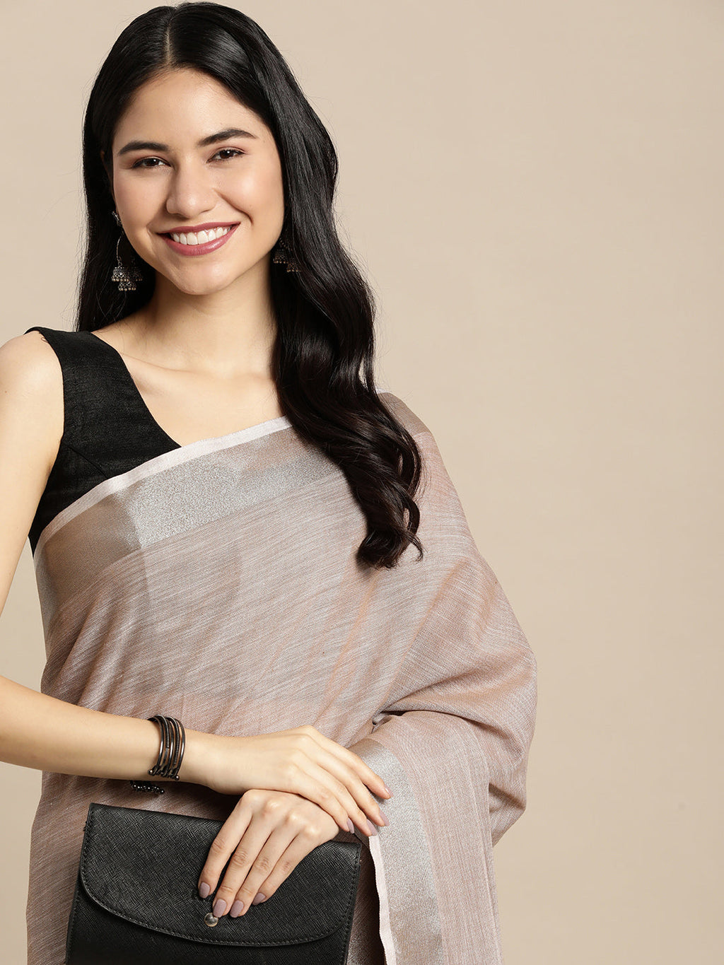 Brown Woven Linen Saree with Contrast Zari Border and Tassels