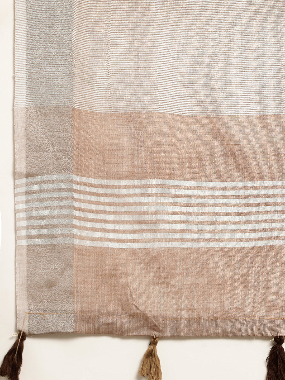 Brown Woven Linen Saree with Contrast Zari Border and Tassels