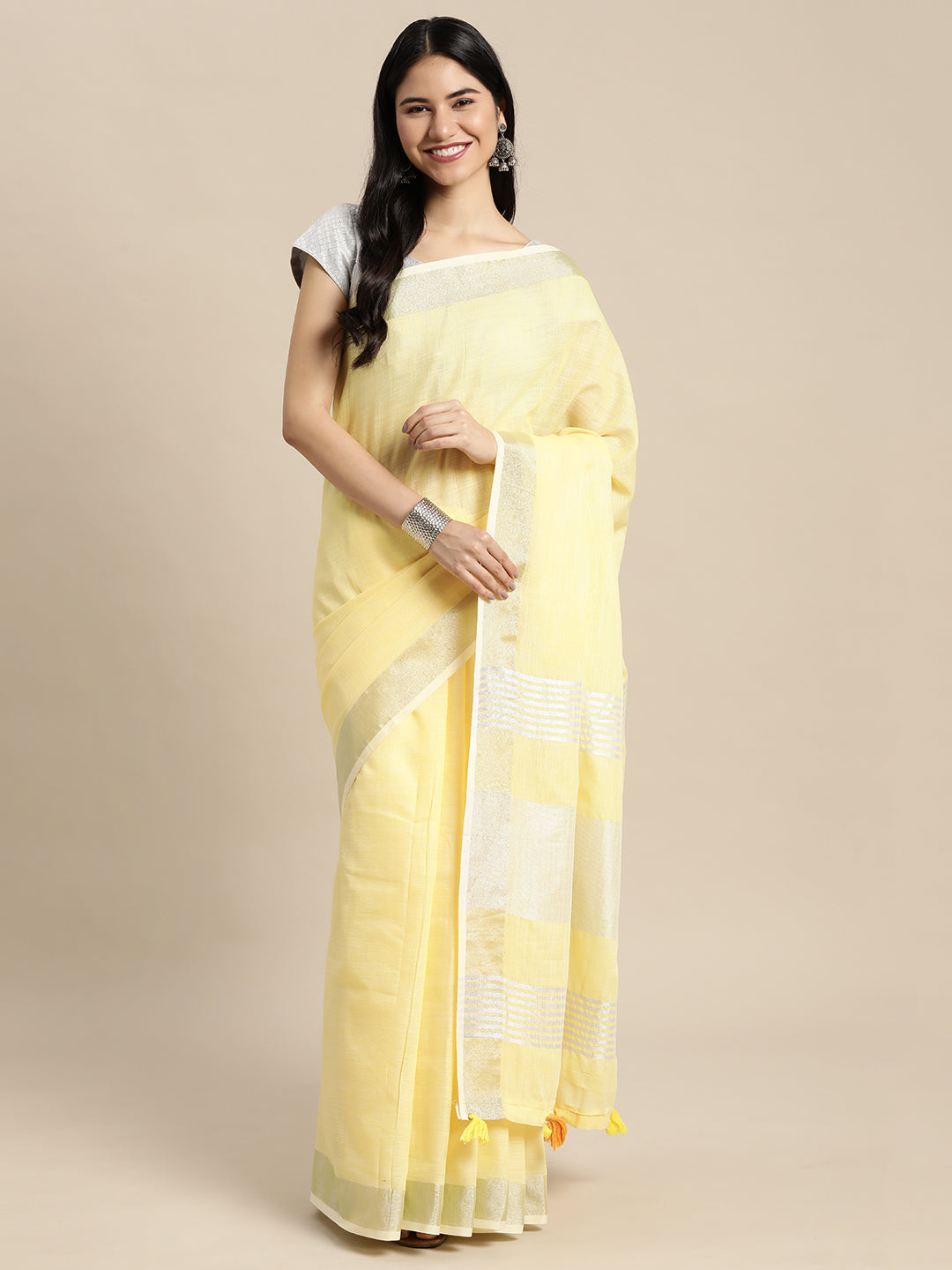 Shree Shyam Fashion Elegant Yellow Woven Linen Saree with Contrast Zari Border & Tassels - Soft & Breathable Party Wear