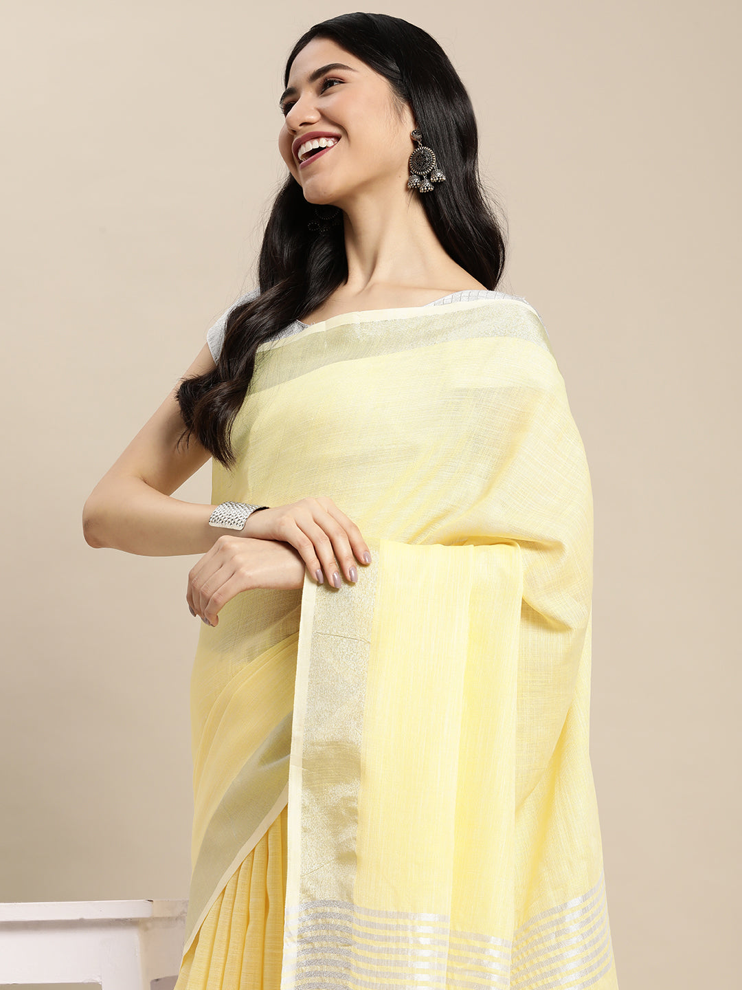 Shree Shyam Fashion Elegant Yellow Woven Linen Saree with Contrast Zari Border & Tassels - Soft & Breathable Party Wear