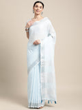 Shree Shyam Fashion Elegant Sky Blue Woven Linen Saree with Contrast Zari Border & Tassels - Soft & Breathable Party Wear