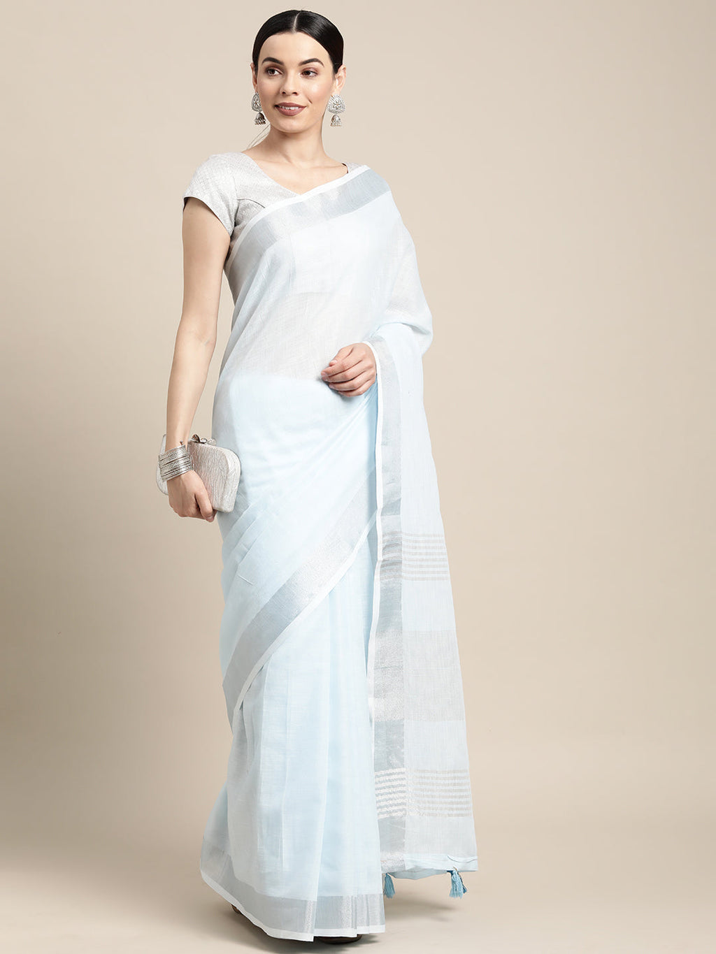 Shree Shyam Fashion Elegant Sky Blue Woven Linen Saree with Contrast Zari Border & Tassels - Soft & Breathable Party Wear